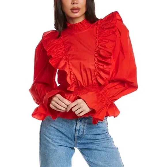 SEA NY Ruffled High Neck Puffed Long Sleeve Tied Open Back Cotton Peplum Top 8 - Picture 8 of 12